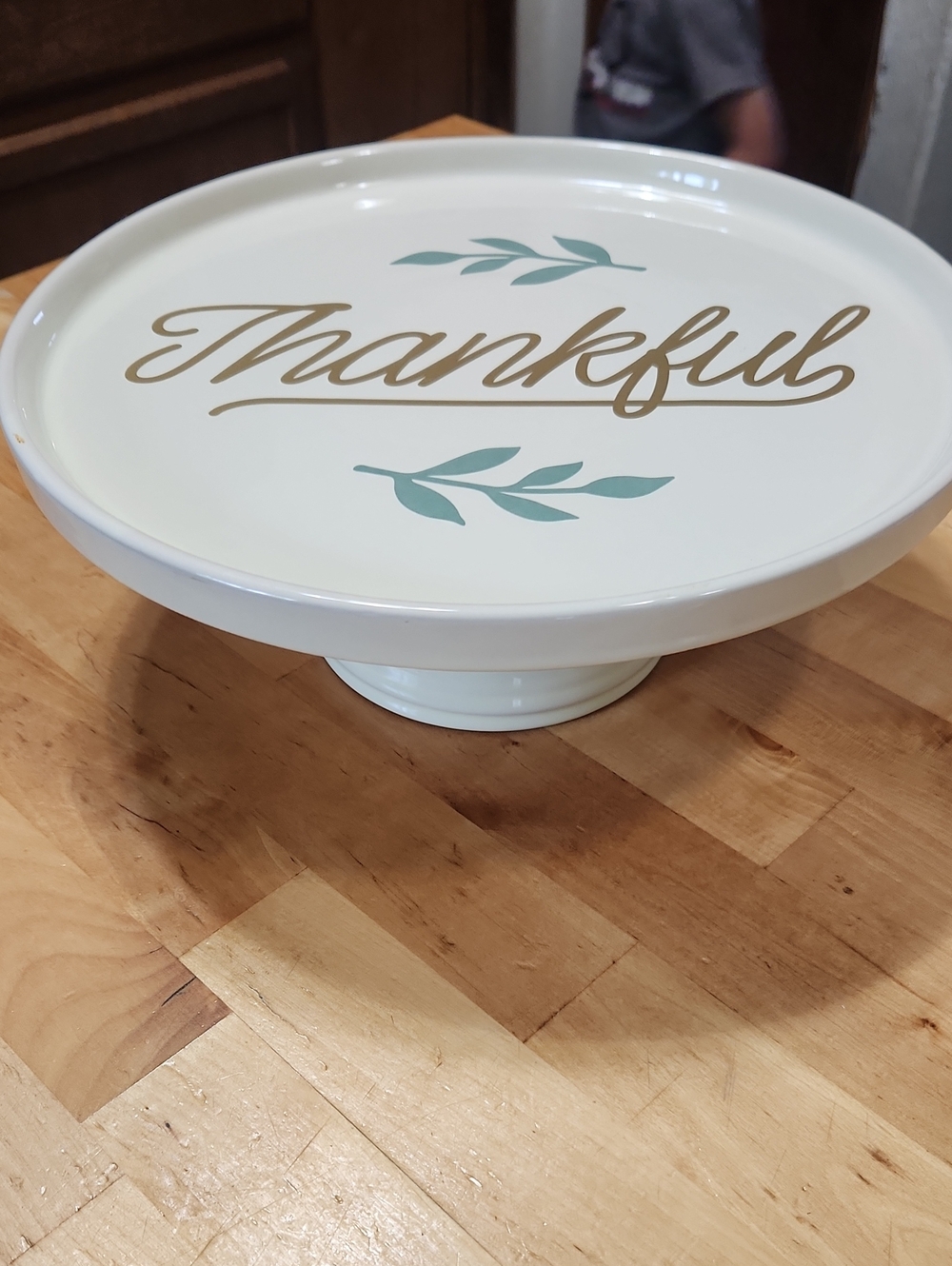 Thankful White Pedestal Cake Stand with Gold Script